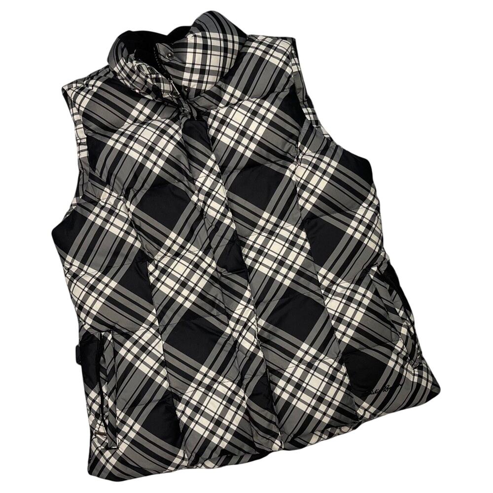 Eddie Bauer Down Vest Plaid Black White Small Full Zip Premium Goose